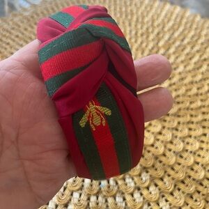 Striped Red & Green Knot Headband with Embroidered Bee